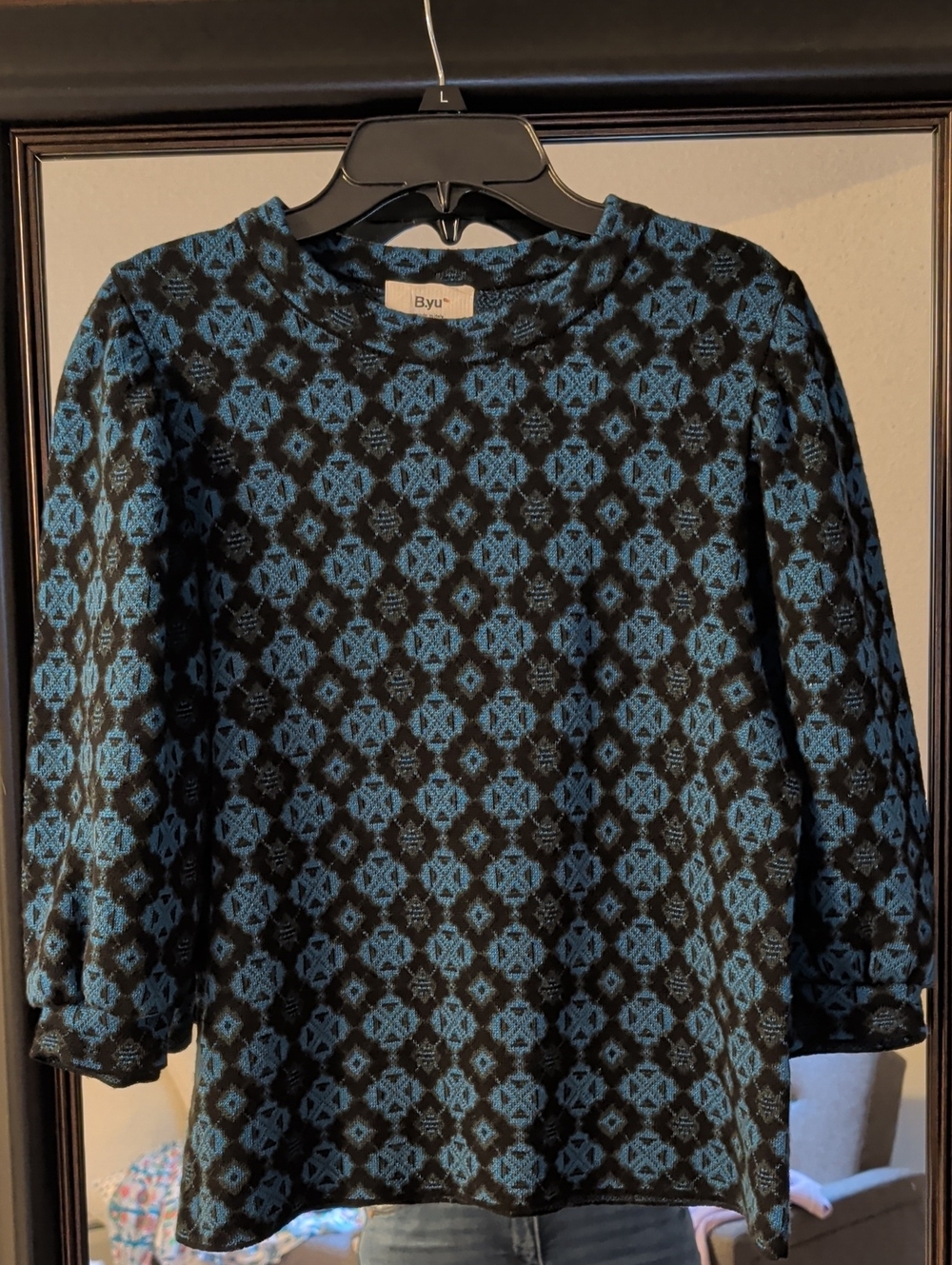 B.yu Made In Italy Merino Wool Blend Black & Blue Patterned 3/4 Sleeve Top